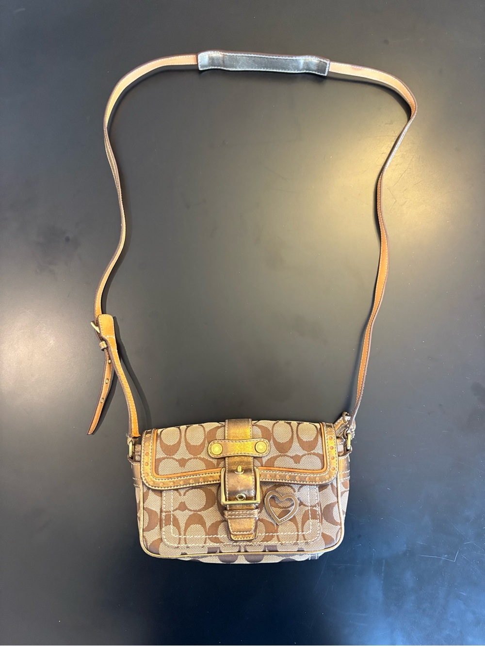 Vintage 2004 Coach Signature Jacquard Metallic Bronze Heart Crossbody Bag 1465